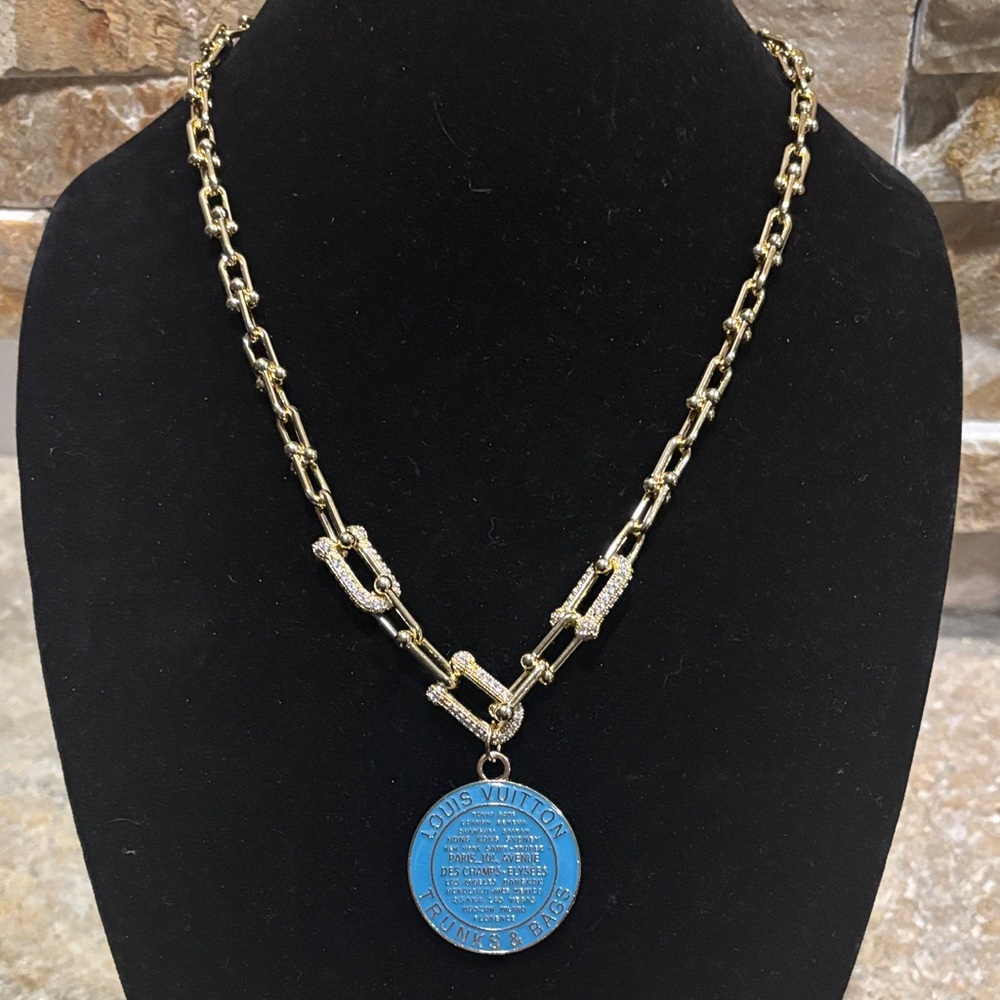 Gold Chain Necklace with Blue LV Trunks and Bags Medallion